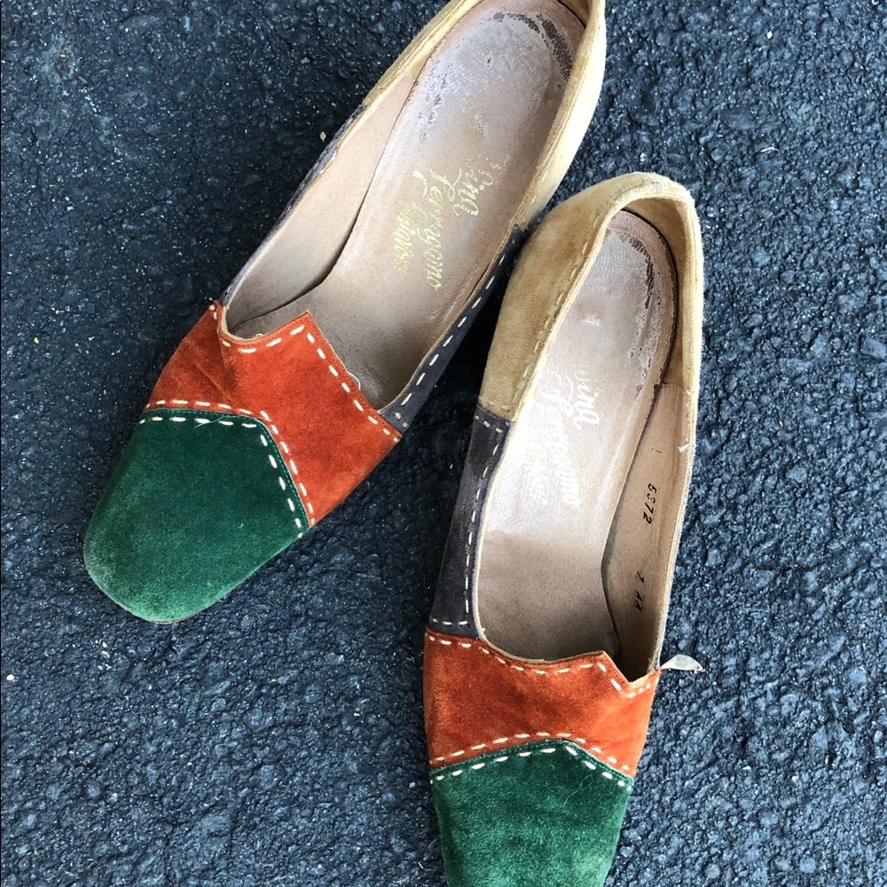 Vintage 1970’s suede patchwork Ferragamo pumps.